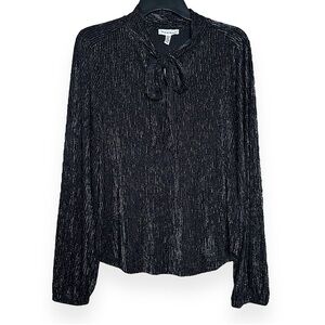 Long Sleeve Keyhole Bow Mock Neck Black & Metallic Silver Shimmery Blouse NWT